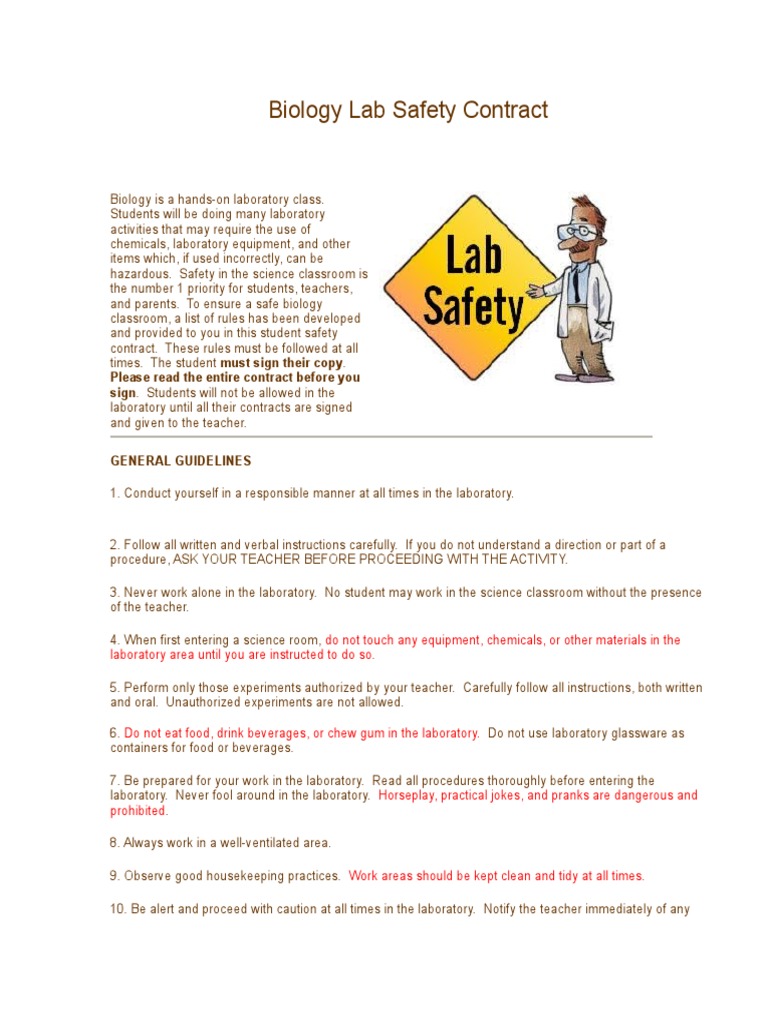 Biology Lab Safety Contract Please Read The Entire Contract Before You