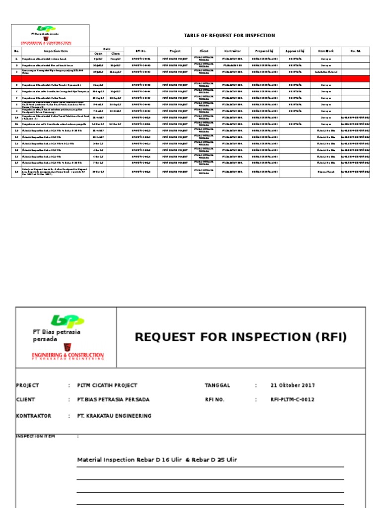 Request For Inspection Rebar On Site PDF
