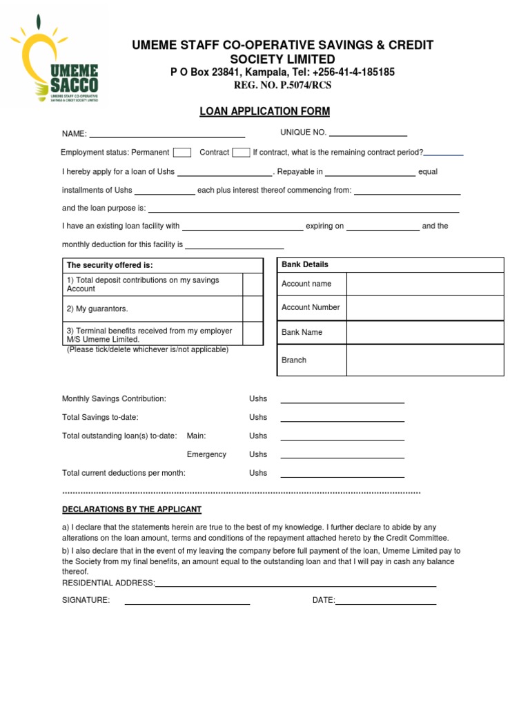Umeme Staff Cooperative Loan Form | PDF | Loans | Banks