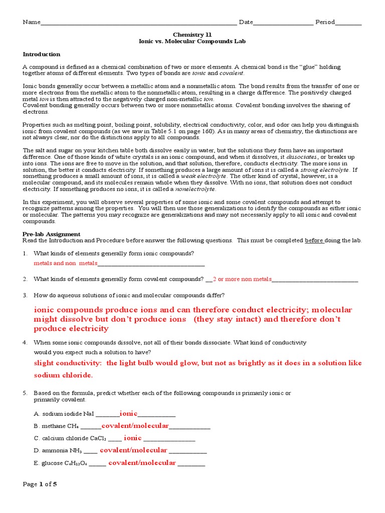 Ionic Vs Molecular Lab Nov 2014 With Solutions | PDF | Ionic Bonding | Ion