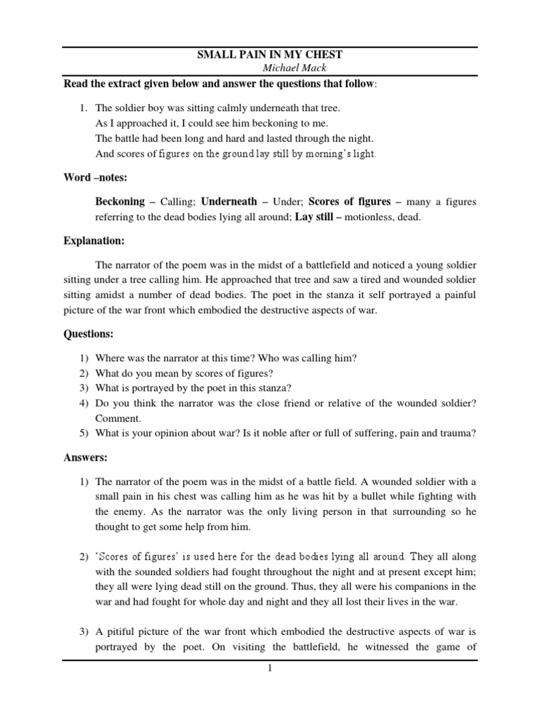 Small Pain in My Chest Read The Extract Given Below and Answer The