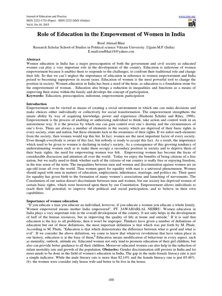 Role of Education in The Empowement of Women in India | PDF | Gender ...