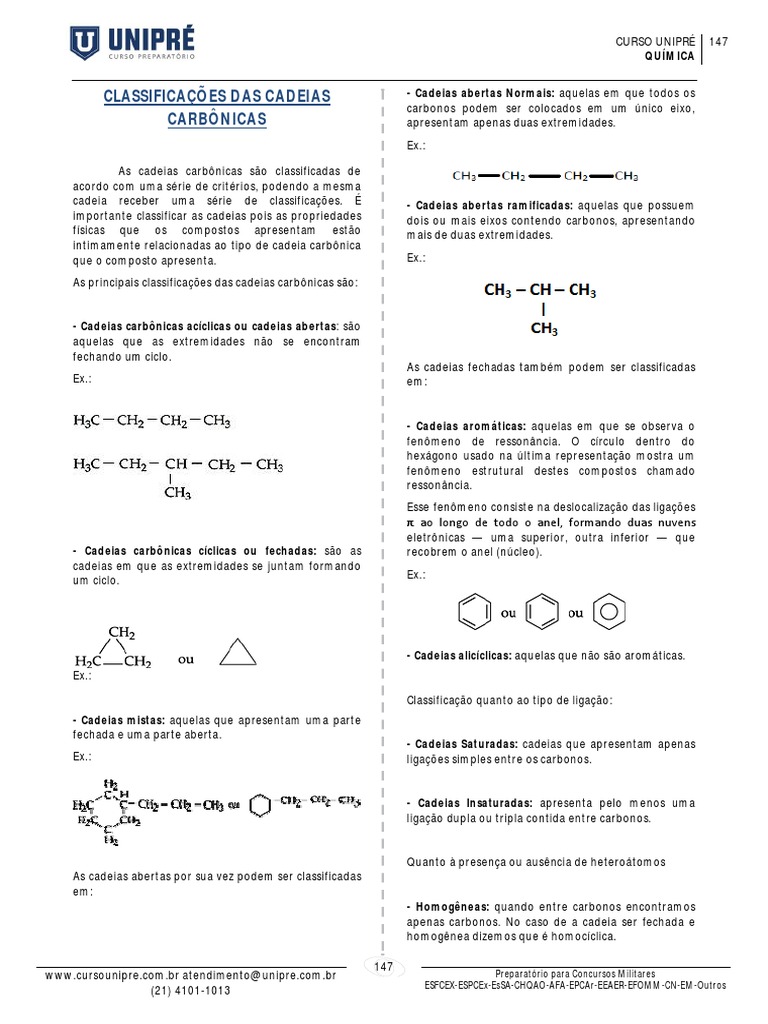 Classificação Das Cadeias Carbônicas (Nota de Aula e Exercícios) | PDF ...