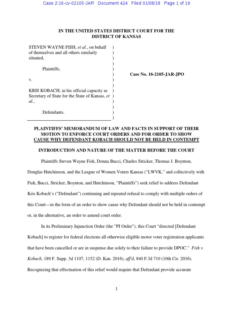 Memo in Motion For Contempt PDF Voter Registration Department Of