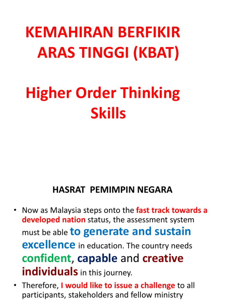 Kemahiran Berfikir Aras Tinggi (Kbat) Higher Order Thinking Skills ...