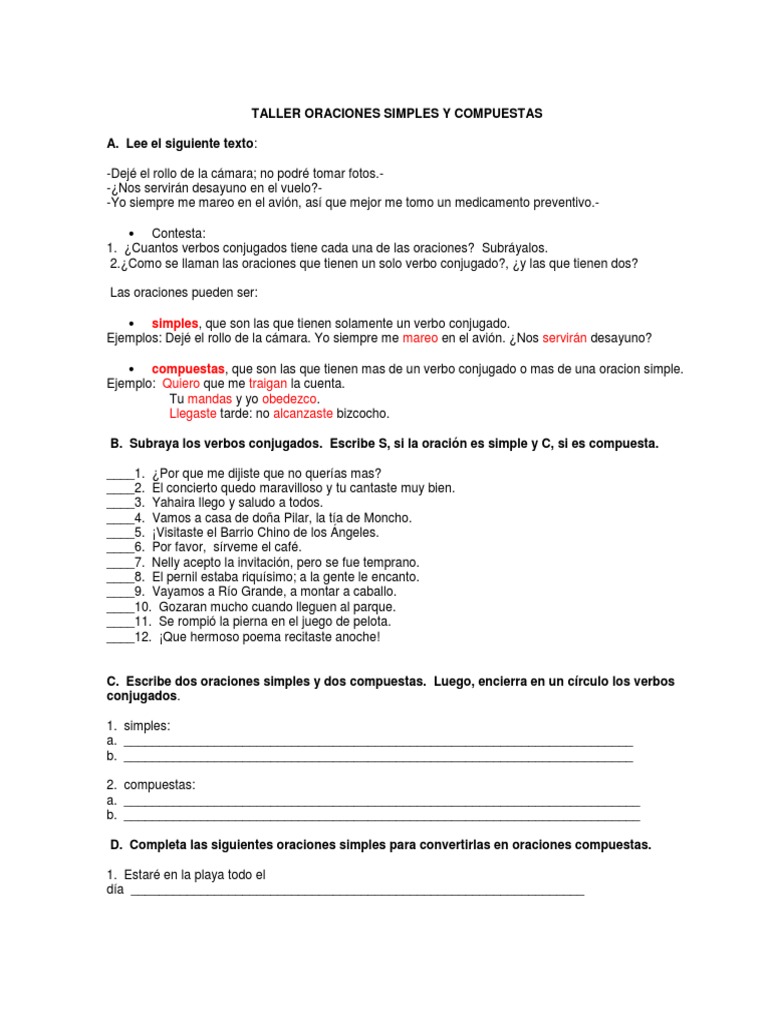 Taller de Oraciones Simples y Compuestas | PDF | Oración (Lingüística ...