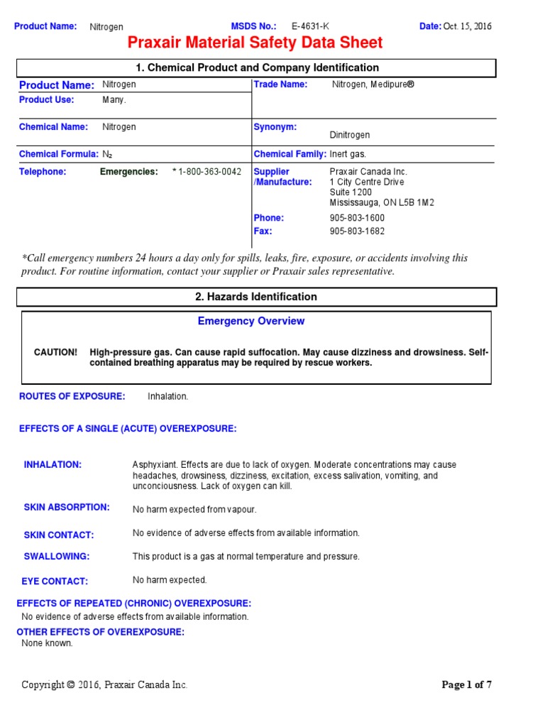 Nitrogen Msds E4631 PDF Nitrogen Breathing