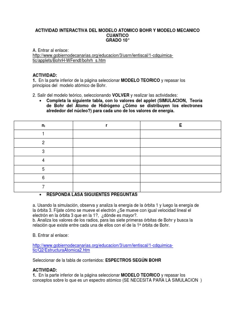 Actividad Modelo Bohr Y Mecanico Cuantico 1 Espectro