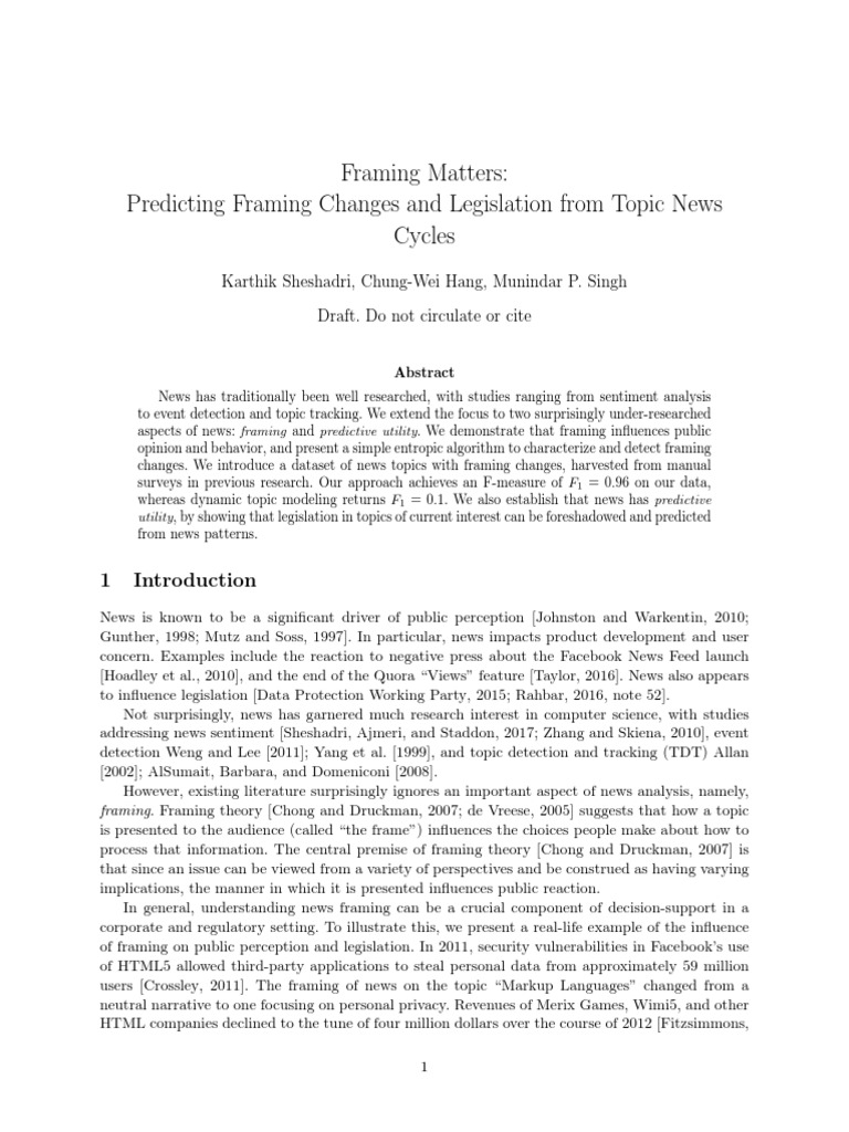 Detecting Changes in News Framing and Predicting Legislative Activity