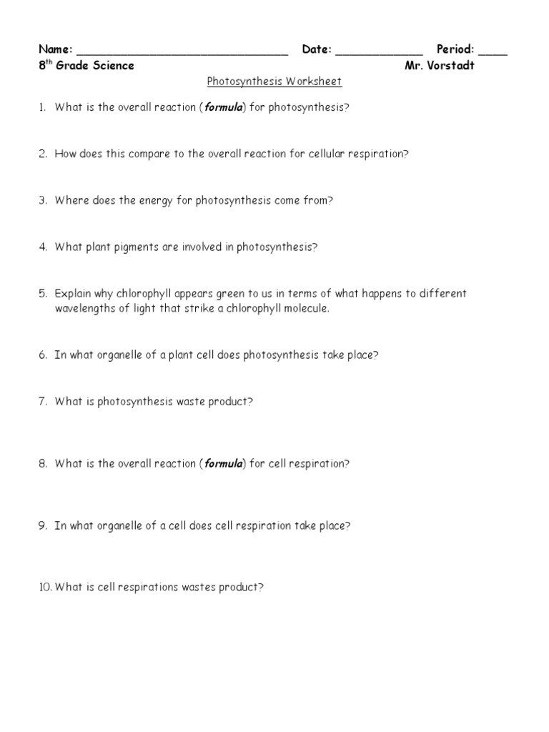 Photosynthesis Worksheet  Photosynthesis  Cellular Respiration Pertaining To Photosynthesis Worksheet Answer Key