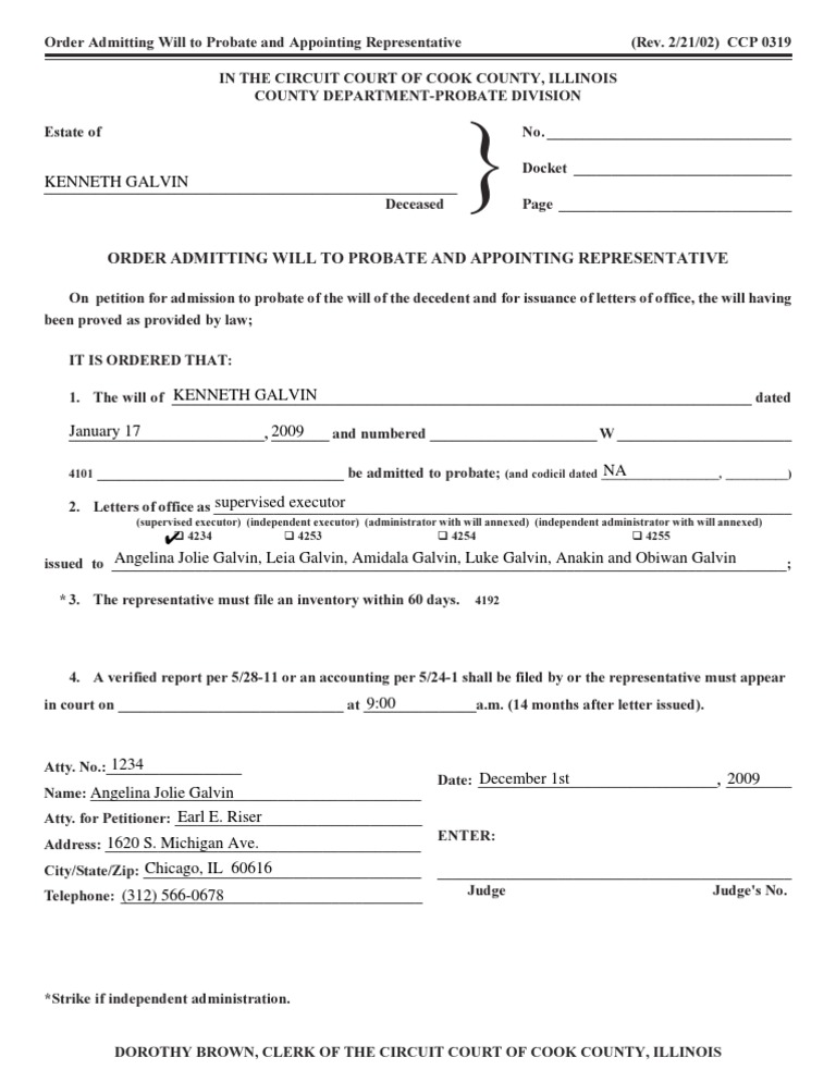 Cook County Circuit Court Order Admitting Will To Probate and Appointing  Representative | PDF | Probate | Judiciaries