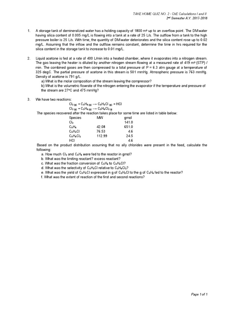 ChE Calculations Quiz: Silica & Reactions | PDF | Chlorine | Pressure