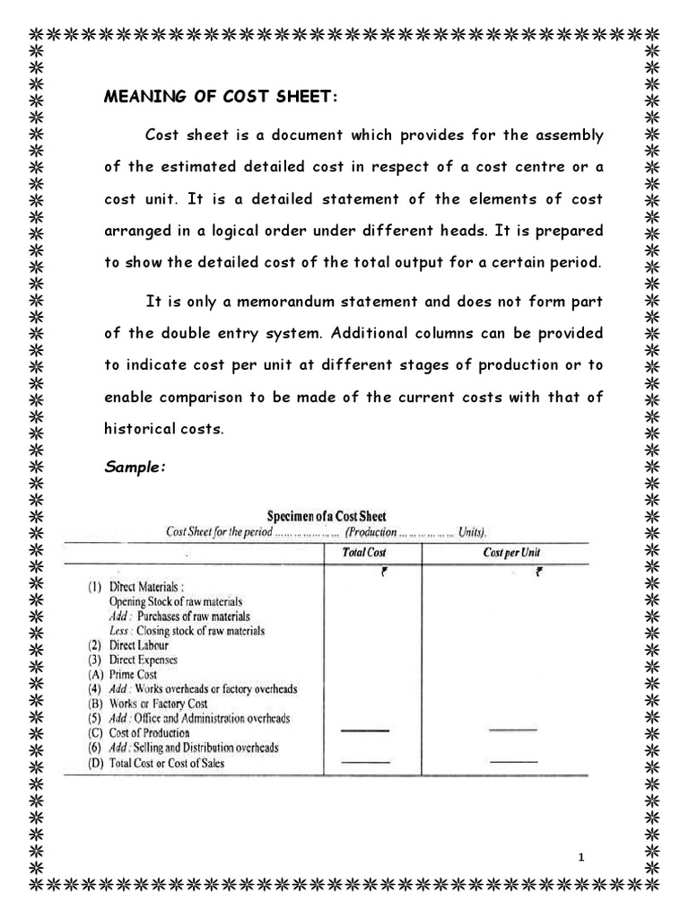 Meaning of Cost Sheet Sample PDF Expense Cost