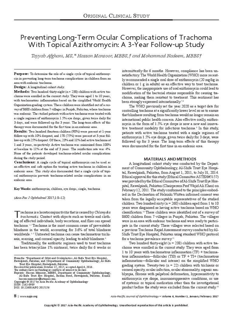 Preventing LongTerm Ocular Complications of Trachoma With Topical
