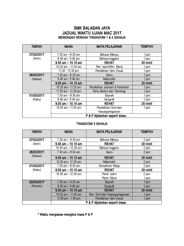 Jadual Exam 1 3 2017 Pdf