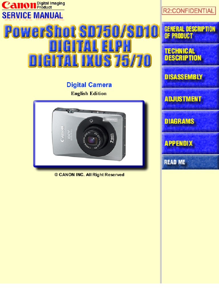 CANON PowerShot SD10, PowerShot SD750, Digital Elph, Digital Ixus 70, 75 Service  Manual - NO PARTS LIST | Autofocus | Exposure (Photography)