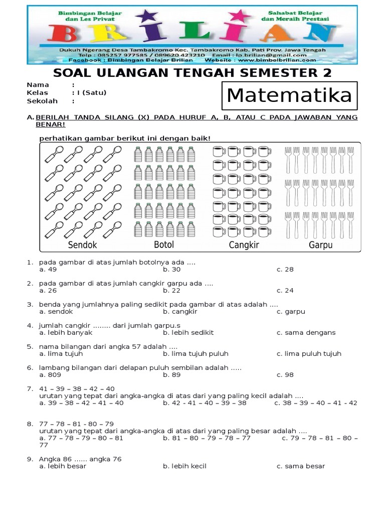 Soal Uts Matematika Kelas 1 Sd Semester 2 Genap Dan Kunci Jawaban Pdf