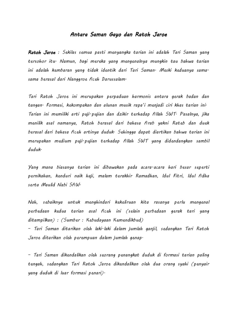 Perbedaan Tari Saman Dan Ratoeh Jaroe