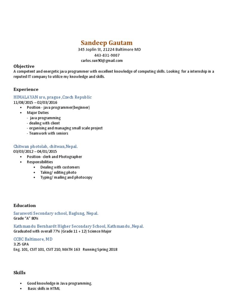 Java Programmer Internship Resume | PDF