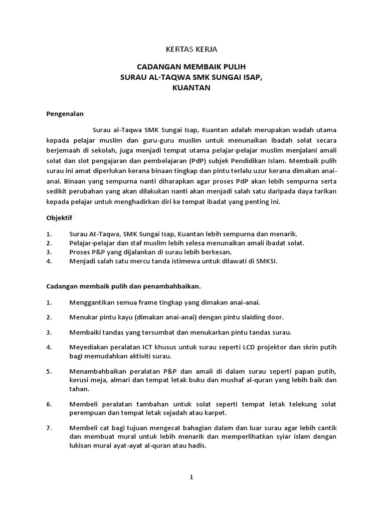 Contoh Kertas Kerja Program Surau
