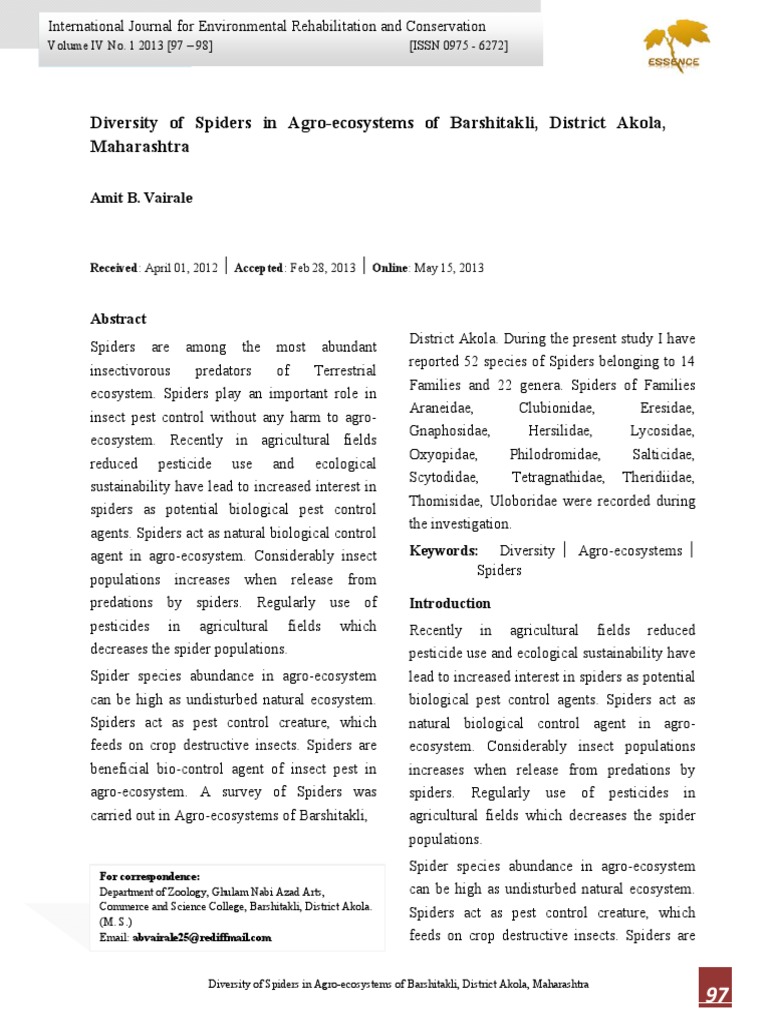 Spider Diversity in Barshitakli Agro-ecosystems | PDF | Biological Pest ...