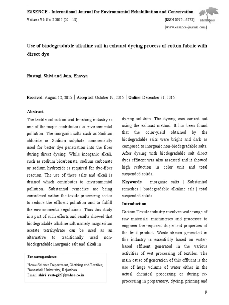 Use of Biodegradable Alkaline Salt in Exhaust Dyeing Process of Cotton ...