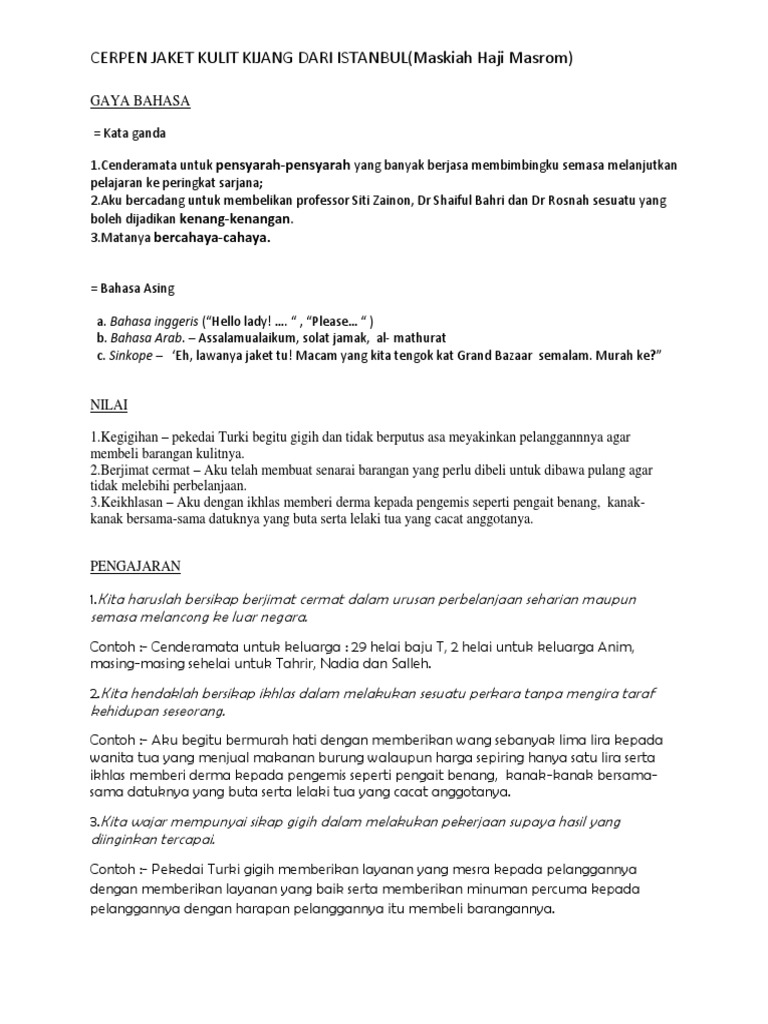 Soalan Cerpen Jaket Kijang Dari Istanbul