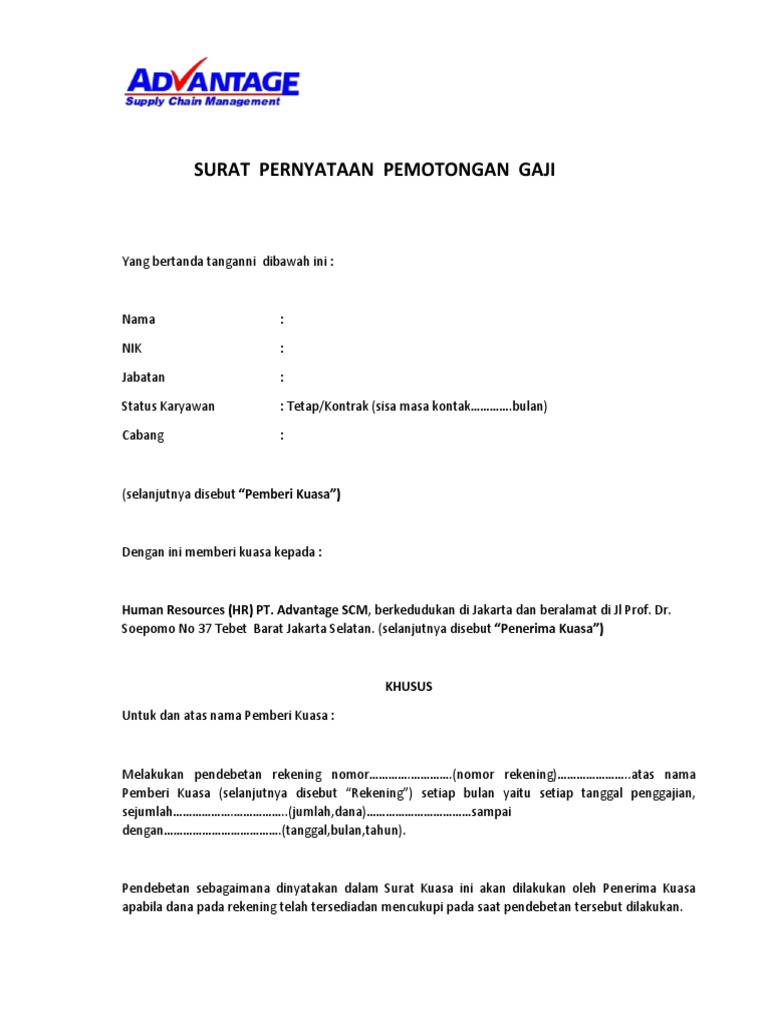 Surat Pernyataan Pemotongan Gaji Word