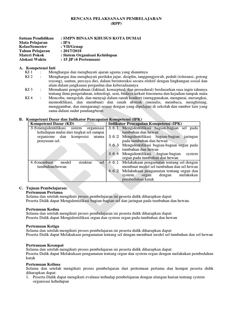 Rpp Sistem Organisasi Kehidupan
