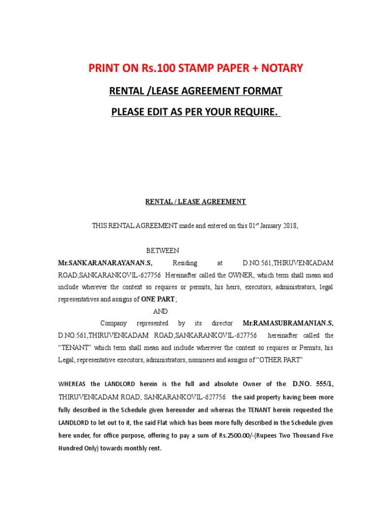 Standard Rental/Lease Agreement for Office Space in Sankarankovil