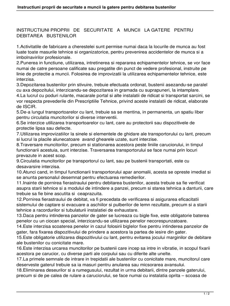 Instructiuni Proprii de Securitate A Muncii La Gatere Pentru Debitarea ...