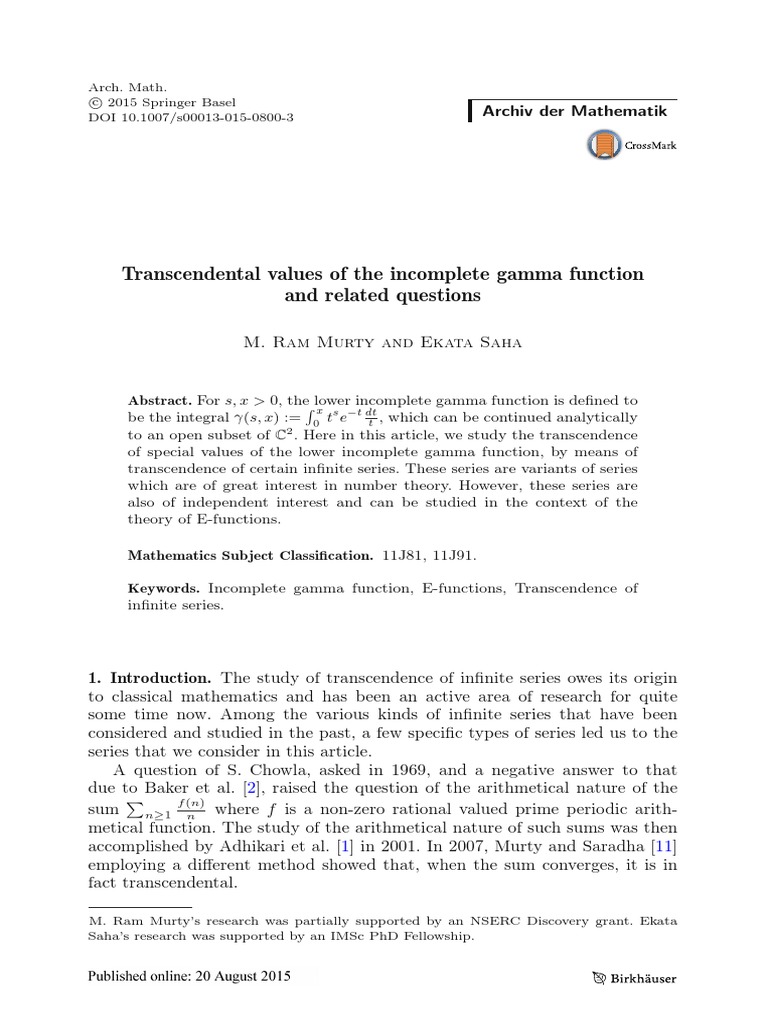 Transcendence of Incomplete Gamma Values | PDF | Polynomial | Zero Of A ...