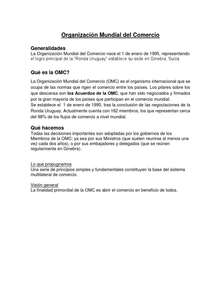 Fundación y funciones de la OMC | PDF | Organización de Comercio ...