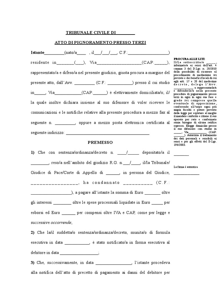 Atto Di Pignoramento Presso Terzi Aggiornato PDF | PDF