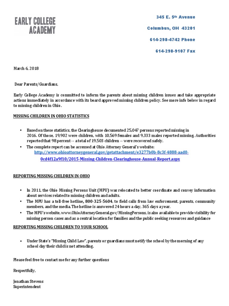 Missing-Children-Parent-Letter 3-6-18 | PDF | Social Science