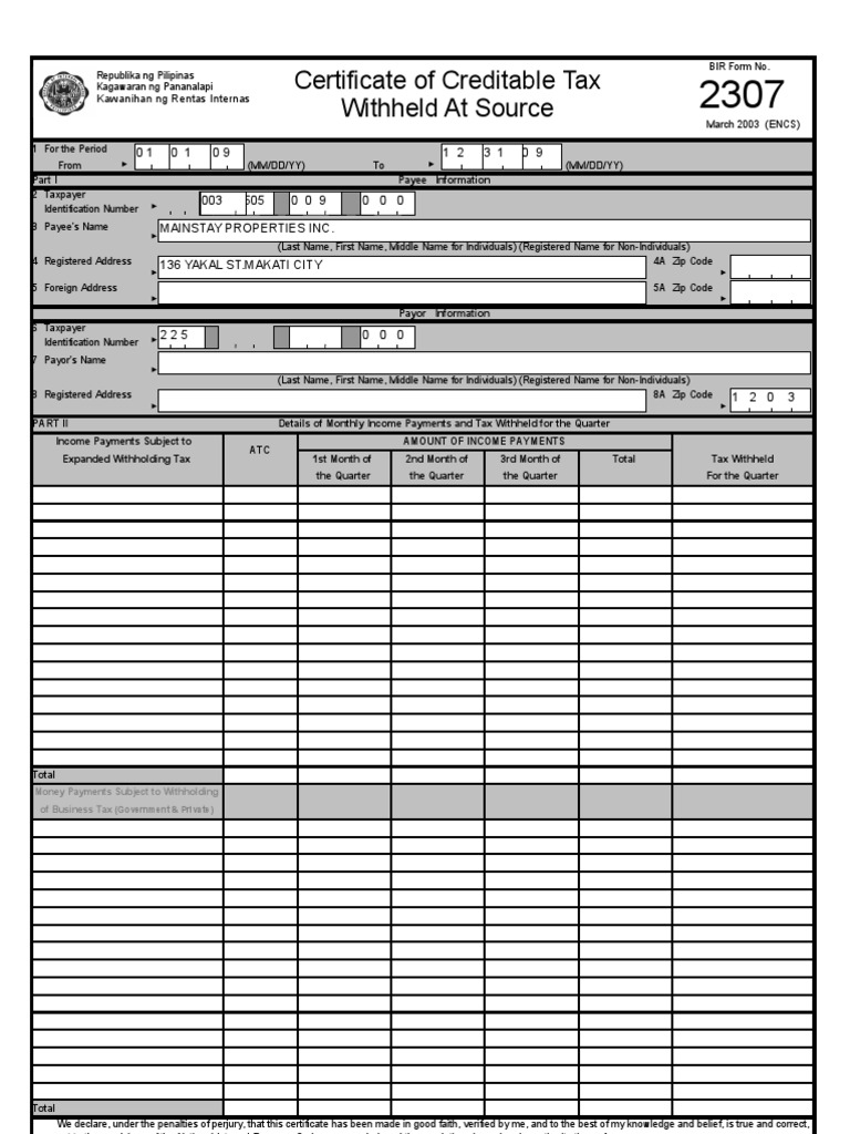 Bir form 2307 pdf withholding tax corporate tax