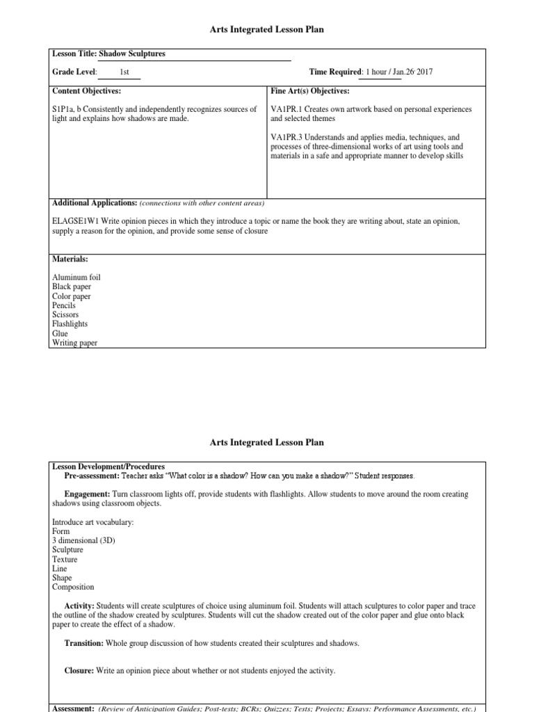 Arts Integration Lesson Shadows | PDF | Lesson Plan | Shadow