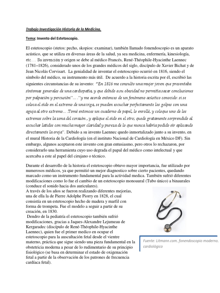 Investigacion - Historia - Medicina Introduccion Del Estetoscopio | PDF |  Medicina | Science