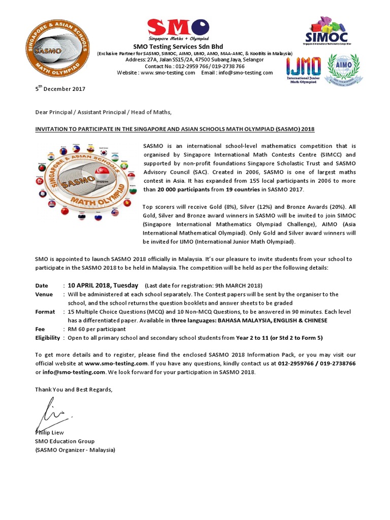 Official Invitation Letter For Sasmo 2018 Schools Learning