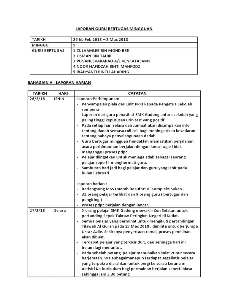Laporan Guru Bertugas Mingguan Pdf