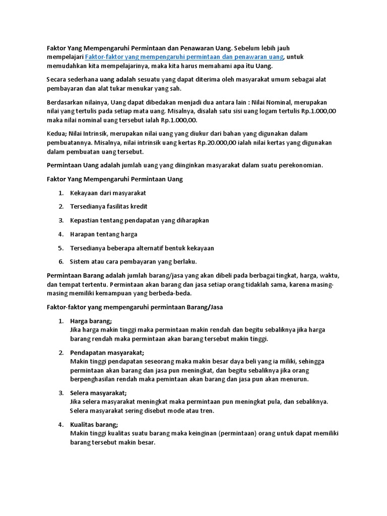 Faktor Yang Mempengaruhi Permintaan Dan Penawaran Uang  PDF