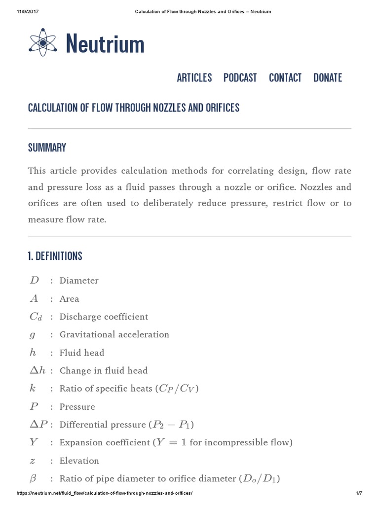Calculation of Flow Through Nozzles and Orifices PDF Fluid Dynamics