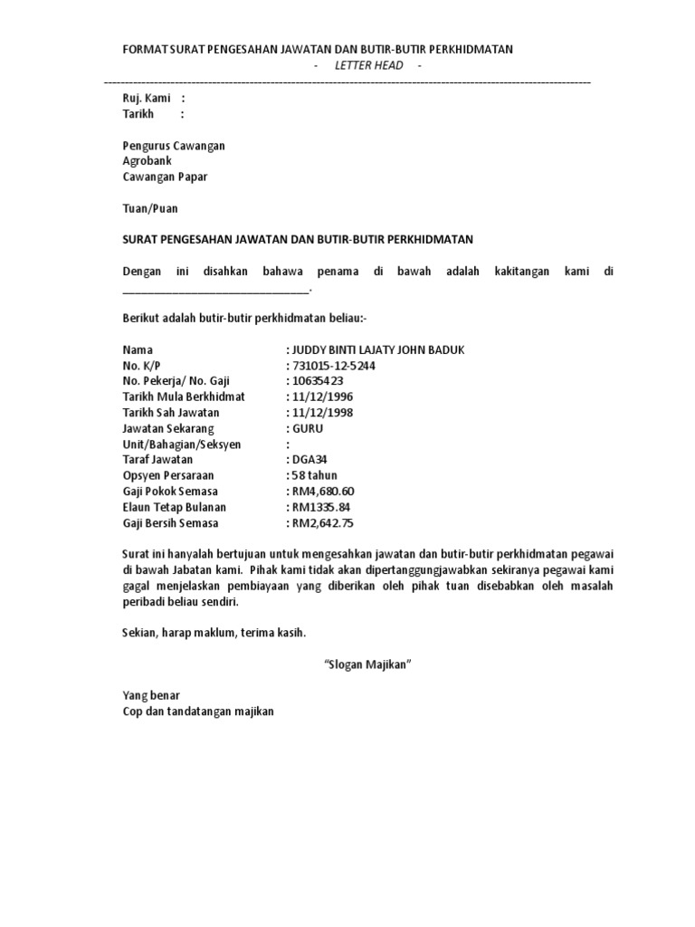 Format Surat Pengesahan Majikan 14 Contoh Surat Pengesahan Jawatan