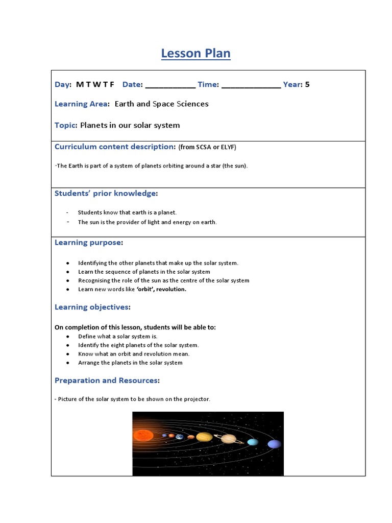 Lesson Plan R Task 2 Planets Solar System