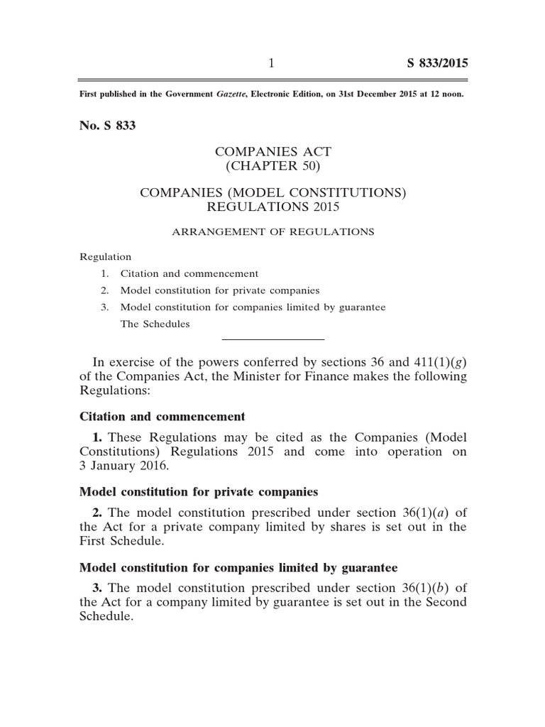 10 Companies Act Companies (Model Constitutions) Regulations 2015