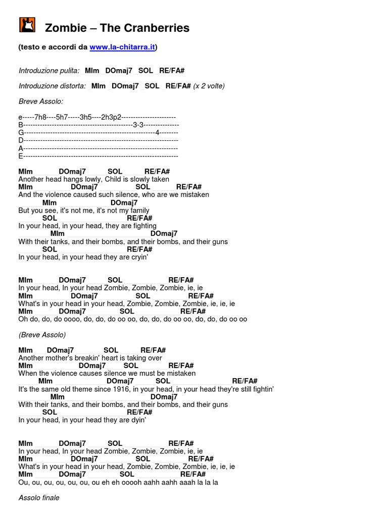 Zombie Lyrics by The Cranberries - ESL worksheet by jonnyc81