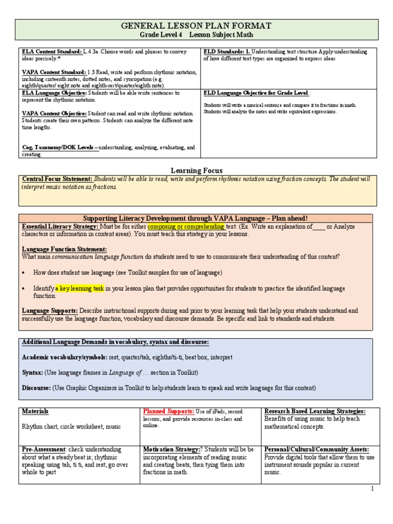 Vapa Lesson Plan  PDF  Rhythm  Lesson Plan