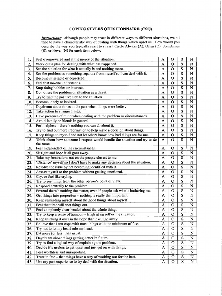 Coping Styles Questionnaire and Scoring | PDF | Psychological Testing ...