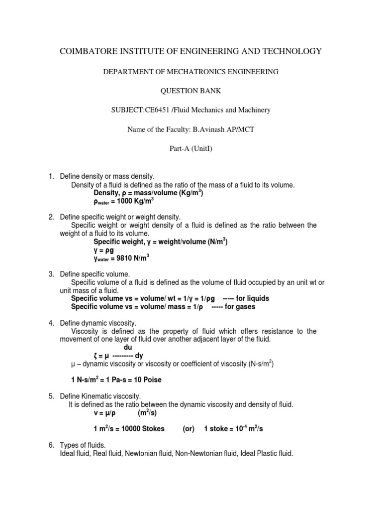 Fluid Mechanics Question Bank CE6451 | PDF | Viscosity | Shear Stress