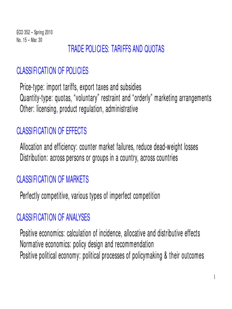 Trade Policies: Tariffs and Quotas Classification of Policies | PDF ...